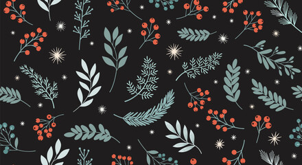 Seamless pattern of red berries and green leaves with snowflakes on a black background.