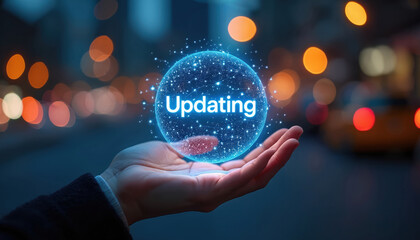 Hand holds glowing digital sphere with word Updating. Abstract background with bokeh lights and city traffic. Concept for software upgrade and tech innovation.