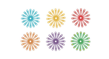 Six colorful abstract starburst or snowflake designs arranged in two rows of three.