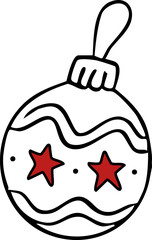 Hand drawn Christmas ball with red stars and wavy lines. Cute festive doodle vector ornament for winter holiday cards, wrapping paper, stickers, and decor