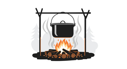 Illustration of a pot boiling over a campfire with smoke and trees in the background.