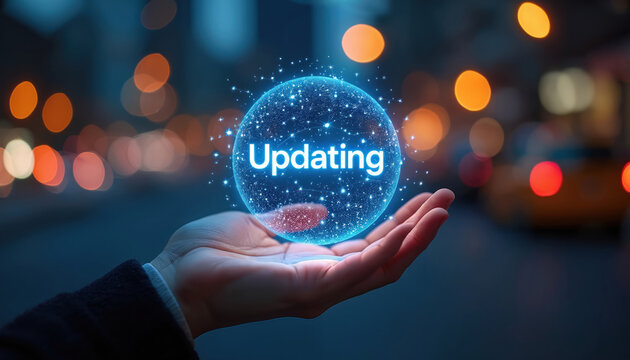 Hand holds glowing digital sphere with word Updating. Abstract background with bokeh lights and city traffic. Concept for software upgrade and tech innovation.