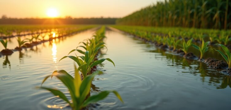 Young corn plants grow in flooded field during sunset. Rows of green sprouts reflect warm sun light on water surface. Agricultural water system nourishes young plants.