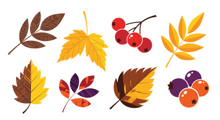 Collection of stylized autumn leaves and berries in warm fall colors on a white background.