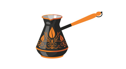A black cezve with an orange handle and ornate floral design.