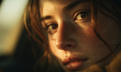 Fototapeta premium Close-up portrait of a freckled woman's face with natural, warm lighting.