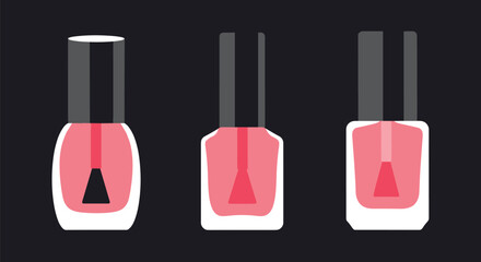 Three stylized illustrations of pink nail polish bottles with black caps and brushes on a dark background.