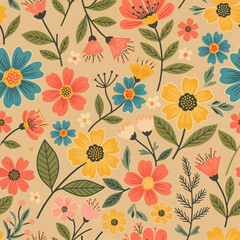 Leaf and flowers, seamless pattern on white background,Vintage vector print seamless pattern with floral on half white background.