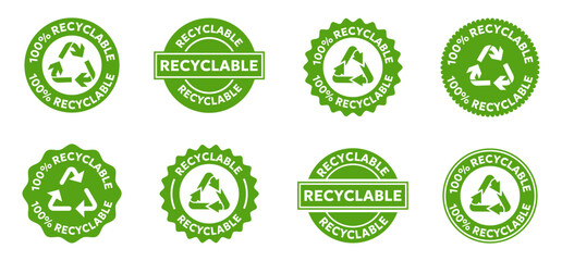 Recyclable badges with bold circular shapes and clear eco friendly symbols. Strong green tones highlight environmental safety and material reuse