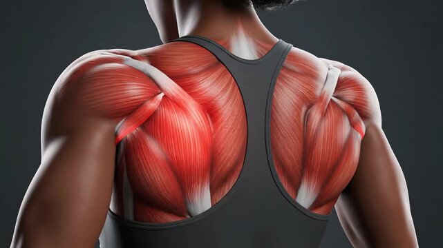 Detailed Anatomical View of Human Shoulder and Back Muscles.