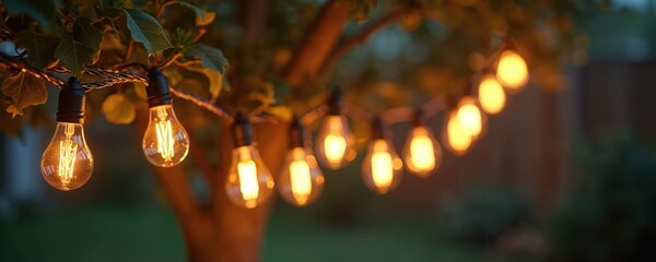 Retro string lights hang on tree branches creating a warm glow. Outdoor bulbs illuminate a backyard setting at twilight. Perfect for parties, weddings, or festive home decor.
