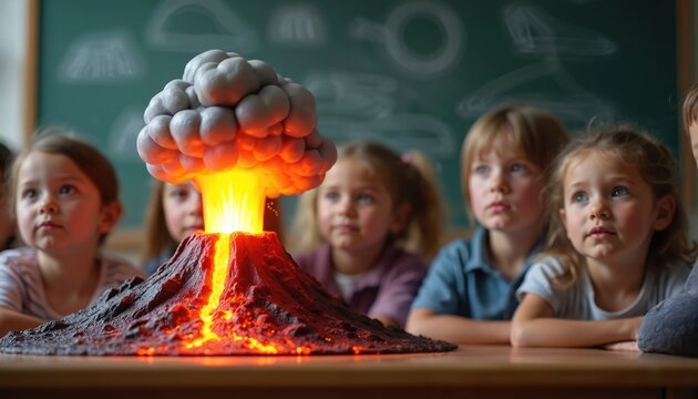 Children watch volcano model erupt in science class. Young students learn geology with interactive experiment and observe eruption demonstration. Future scientists study earth science.