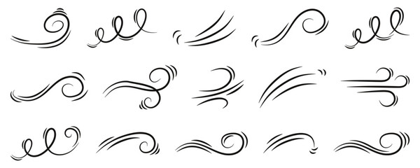 Decorative wind lines with elegant swirling curves and flowing movement. Each element shows soft dynamic strokes that create a graceful airy mood