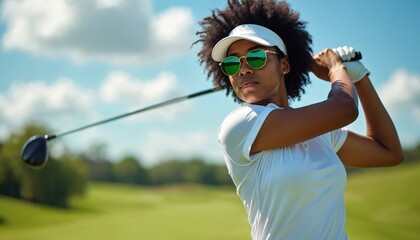 Young black female golfer swings club on sunny course. Woman wears sunglasses, white cap, white shirt, ready for shot. Focuses intently on game play.