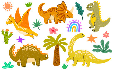 Fototapeta premium Crayon cute dinosaurs set. Hand drawn doodle kids color pencil dino illustration. Sketch chalk flower, sun, animals, palms, cactus, rainbow. Vector naive scribble funny prehistorical characters