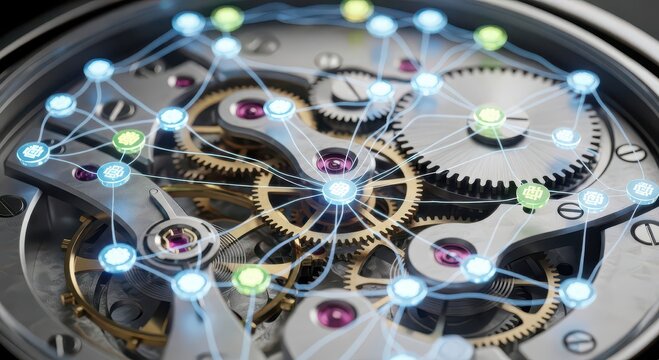 A glowing digital network of interconnected nodes overlaid on the intricate mechanical gears of a watch.