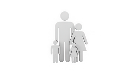 A simple white icon representing a family of four, including two parents and two children, isolated on a transparent background