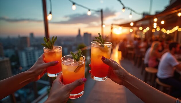 People enjoy cocktails at an evening rooftop party with city skyline and sunset. Friends toast drinks, celebrating special occasion with string lights ambiance.