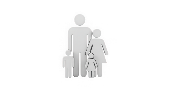 A simple white icon representing a family of four, including two parents and two children, isolated on a transparent background