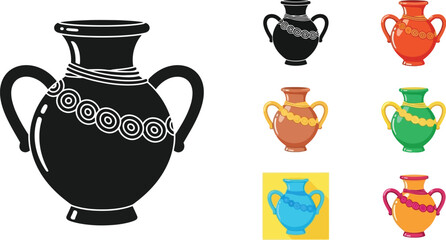 An assortment of ancient greek amphorae in various colors and styles