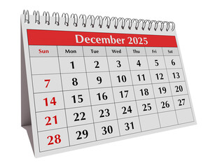 December 2025 calendar. Page of annual business desk month autumn calendar isolated on transparent