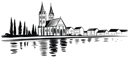 Obraz premium Gothic cathedral town skyline by river illustration, clean line art featuring medieval buildings, cathedral spires, and waterfront scenery, ideal for tourism graphics, architectural presentations, and