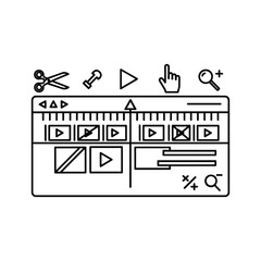 Video editing software interface outline icon with timeline, play controls, cut, zoom and selection tools, multimedia production