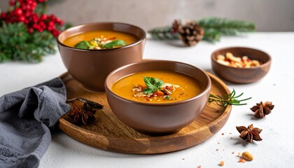 Delicious pumpkin soup served in stylish brown bowls with fresh herbs and nuts