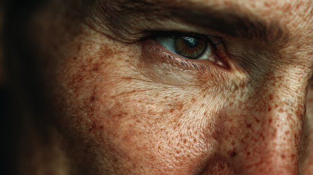 Close up of a fair-skinned man's face with freckles and an intense gaze from his green eye
