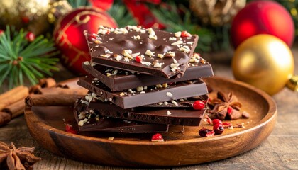 Festive chocolate bark decorated with nuts and berries on a wooden plate during the holiday season