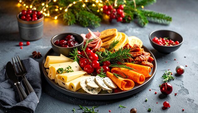 Festive cheese and charcuterie platter with seasonal decorations and warm lights