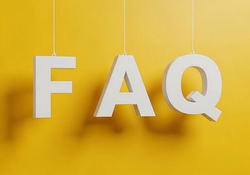White faq letters hanging on strings against a yellow background, representing frequently asked questions