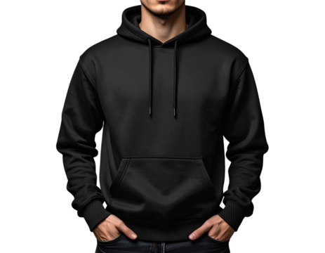 Man Wearing Black Hoodie, Front View, Isolated on Transparent Background (2) - Powered by Adobe
