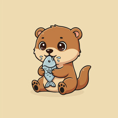Cute cartoon otter sitting and holding a fish with a happy expression. Adorable aquatic animal illustration perfect for kids books, posters, stickers, nursery decor, and educational materials.
