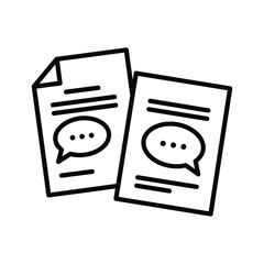 Two outline documents with speech bubble icons and text lines. represents communication, messaging, feedback, reports, and data exchange.