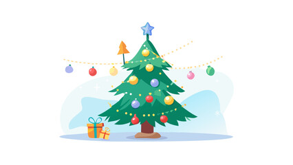 A beautifully decorated Christmas tree glowing with lights and magical floating ornaments around it.