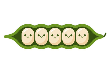Five adorable smiling beans nestled together in a vibrant green pea pod
