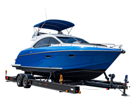 3/4 Front Perspective Blue Speed Yacht on Heavy-Duty Trailer – Cutout PNG (2) - Powered by Adobe