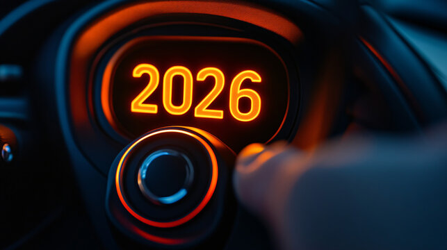 Welcome 2026! Futuristic car dashboard displays bright new year countdown