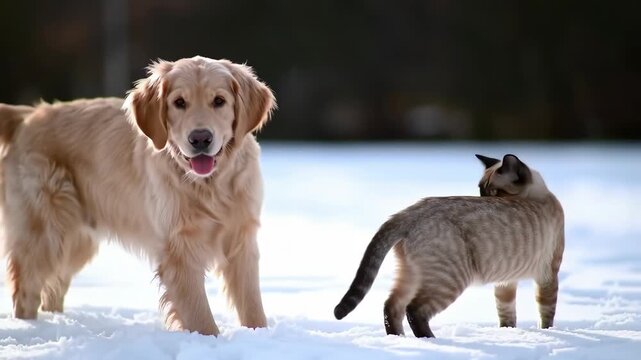 Dog and cat exploring the snowy field on a sunny day, trees in the back