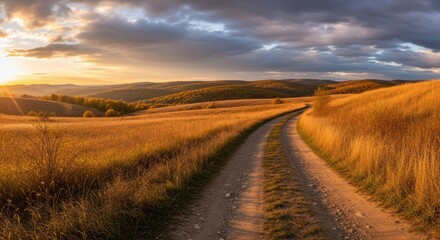 Golden Meadow Path at Sunset, Dirt road, Grassland, Field