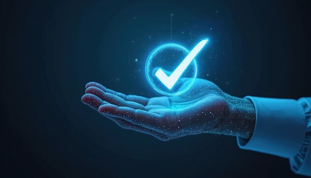 Hand holds glowing blue checkmark in circle on dark background. Represents digital confirmation choice, approval or data collection in online marketing context. Concept of verification.