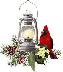 Watercolor Christmas Lantern with Cardinal