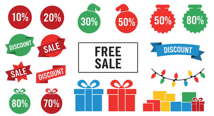 Festive Sale and Discount Stickers with Gifts and Decorations.