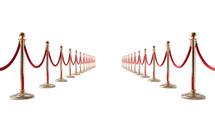  Red carpet with stanchion barriers event entrance VIP setup isolated on white background
