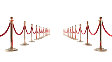  Red carpet with stanchion barriers event entrance VIP setup isolated on white background