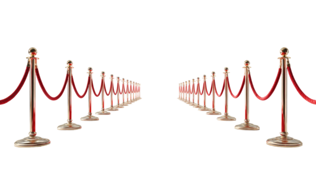  Red carpet with stanchion barriers event entrance VIP setup isolated on white background