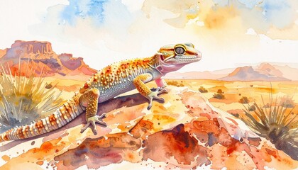 A vibrant gecko rests on warm desert rock offering themes of adaptation exploration and adventure suitable for ideas about desert travel climate awareness or scientific observation