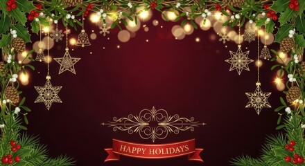 Festive Christmas Garland Border with Bokeh Lights and Ornaments, Holiday, Decoration, Star