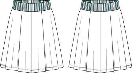 Pleated skirt vector illustration, fashion flat sketch, garment technical drawing, clothing design template, apparel construction, sewing pattern, women’s wear outline